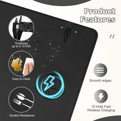 Wireless Charging Mouse Pad Firelison 2 in 1 Leather Multifunctional Office Desk Pad with Non-Slip Rubber Base, Waterproof Desk pad for Computers/Office/Work/Home/Decor（ 12" x 10"Black - R）
