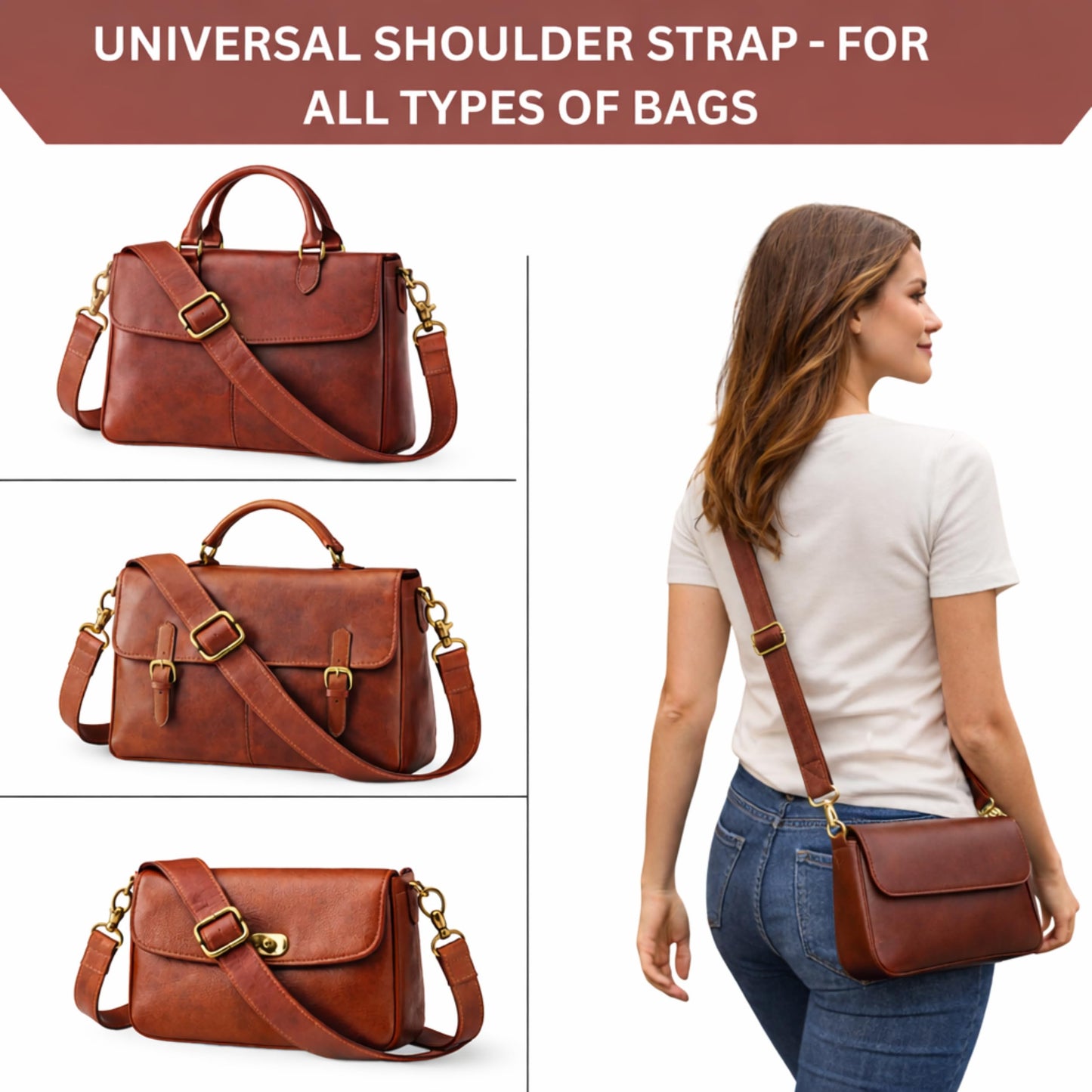 Genuine Leather Purse Strap Replacement 60 Inch, 1 Inch Wide Adjustable Crossbody Shoulder Strap with Metal Swivel Hooks for Handbag Tote Messenger Bag (Brown)