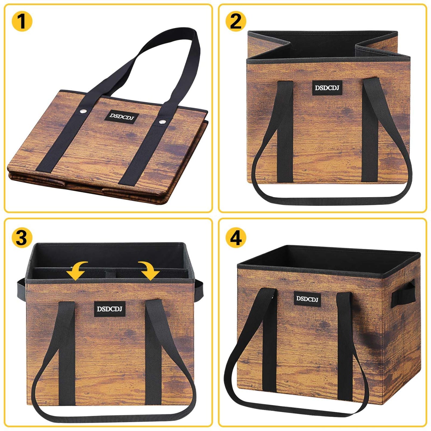 DSDCDJ Reusable Grocery Bags - Heavy Duty Reusable Shopping Bags with Hard Bottom & Long Handles, Foldable Large Utility Tote Bag with Box Shape to Stand Up - for Kitchen, Picnic, 3 Pack, Rustic Brown