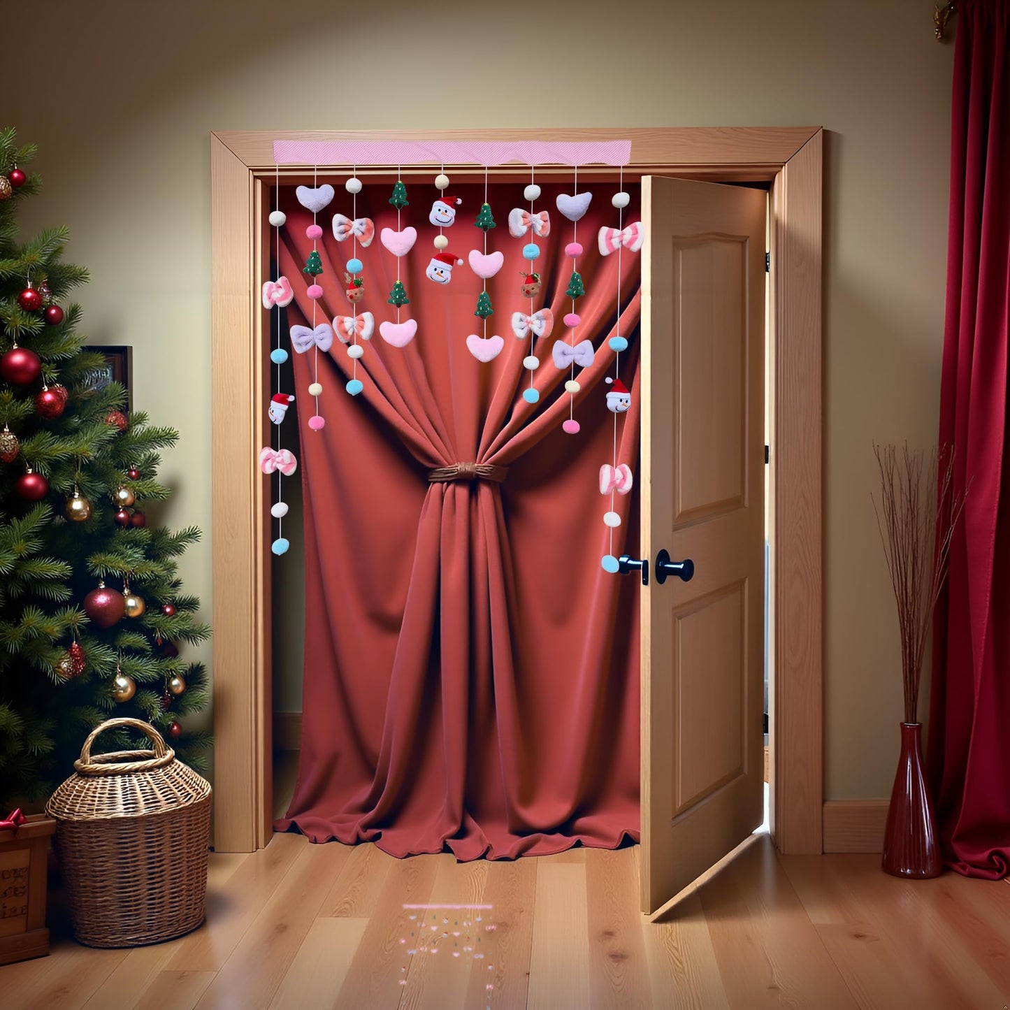 Kynthyre Cute Plush Christmas Curtain for Door Window Wall 34" W x 35.5" L Self-Adhesive Curtain for Living Room and Bedroom Decor