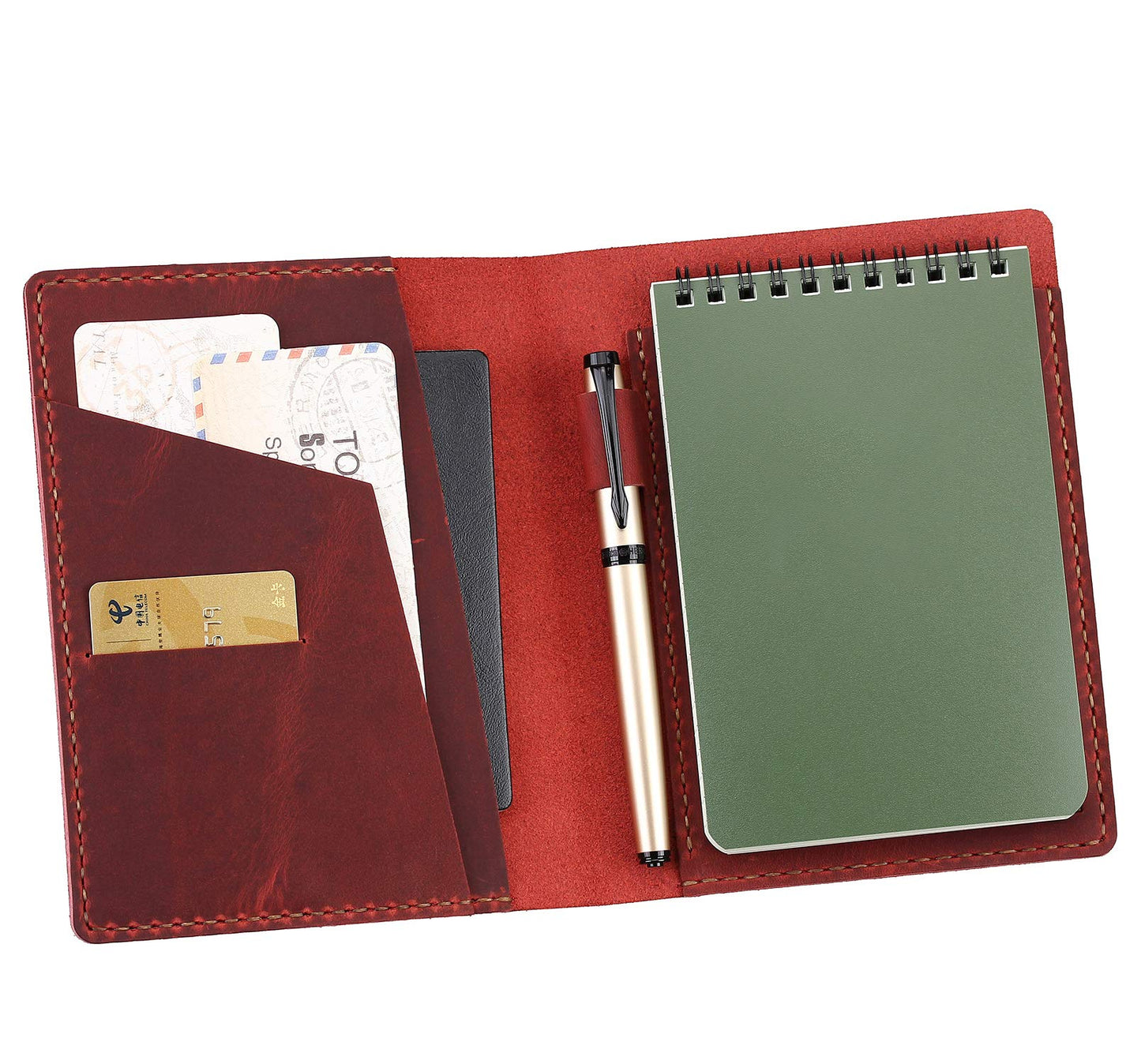 Fasjosma Leather Cover Compatible with Rite in the Rain & Rocketbook Mini Notebooks, Top Bound Spiral Notebook Cover, Leather Cover for 4'' x 6'' Pocket Notepad With Pen Holder - WINE