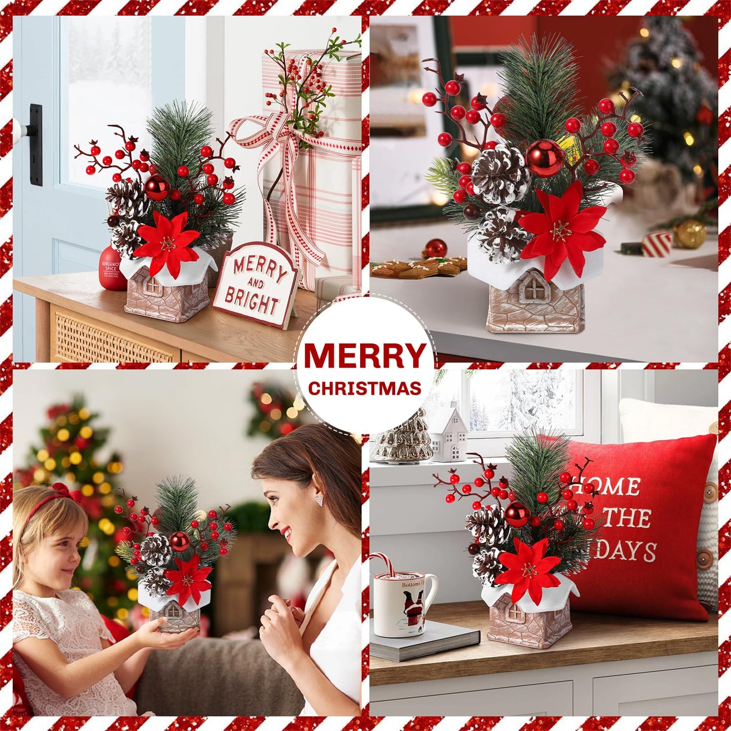 Small Christmas Tree Tabletop Artificial Mini Christmas Tree Decorations with Holiday Ornaments Red Berry Pine Cone Greenery for Home Indoor Fireplace Mantel Xmas Decor (Cabin-Red Flowers)