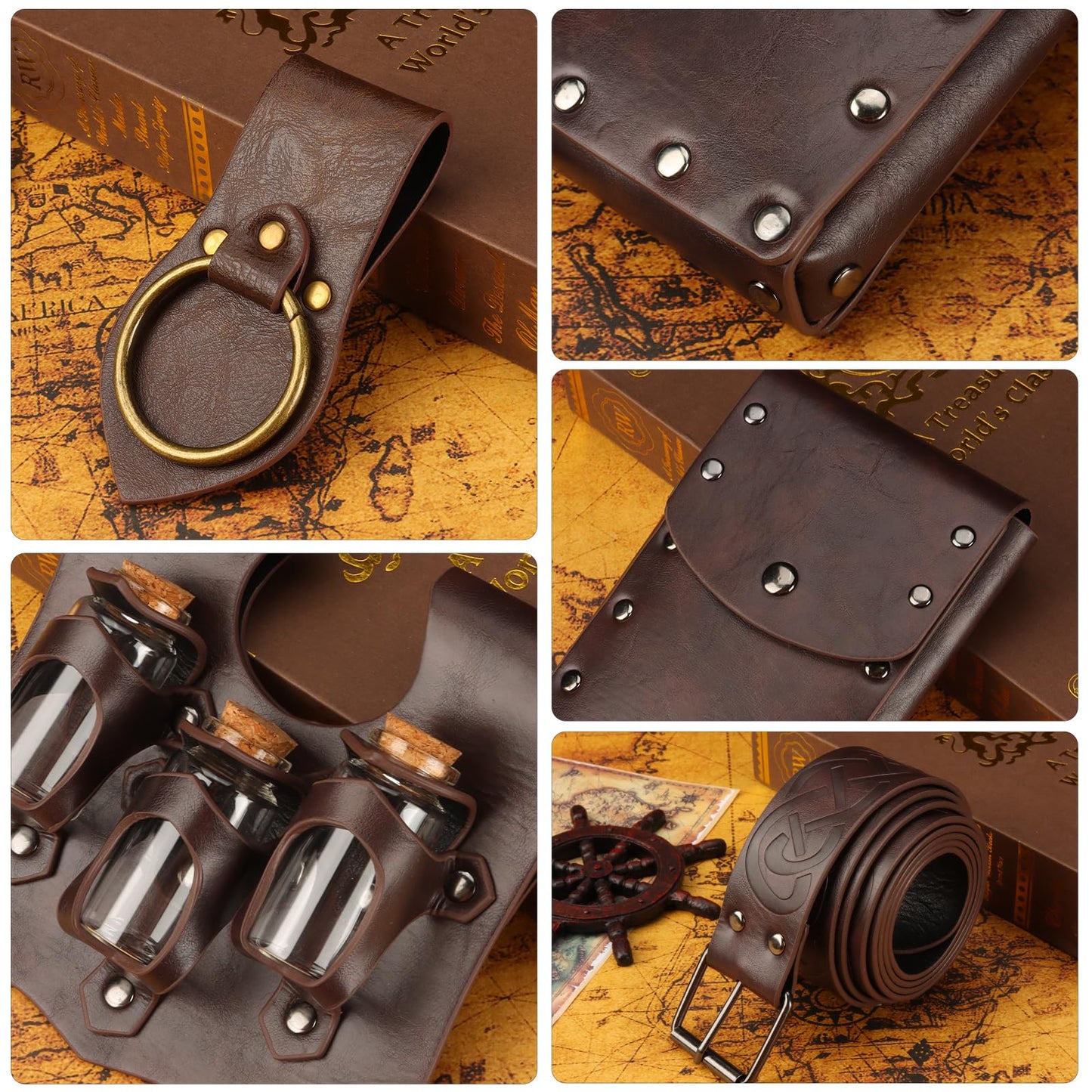 Renaissance Medieval Belt Viking Pouch Ren Faire Leather Potion Bottle Waist Bags Sword Holder Set for Knight Costume Cosplay