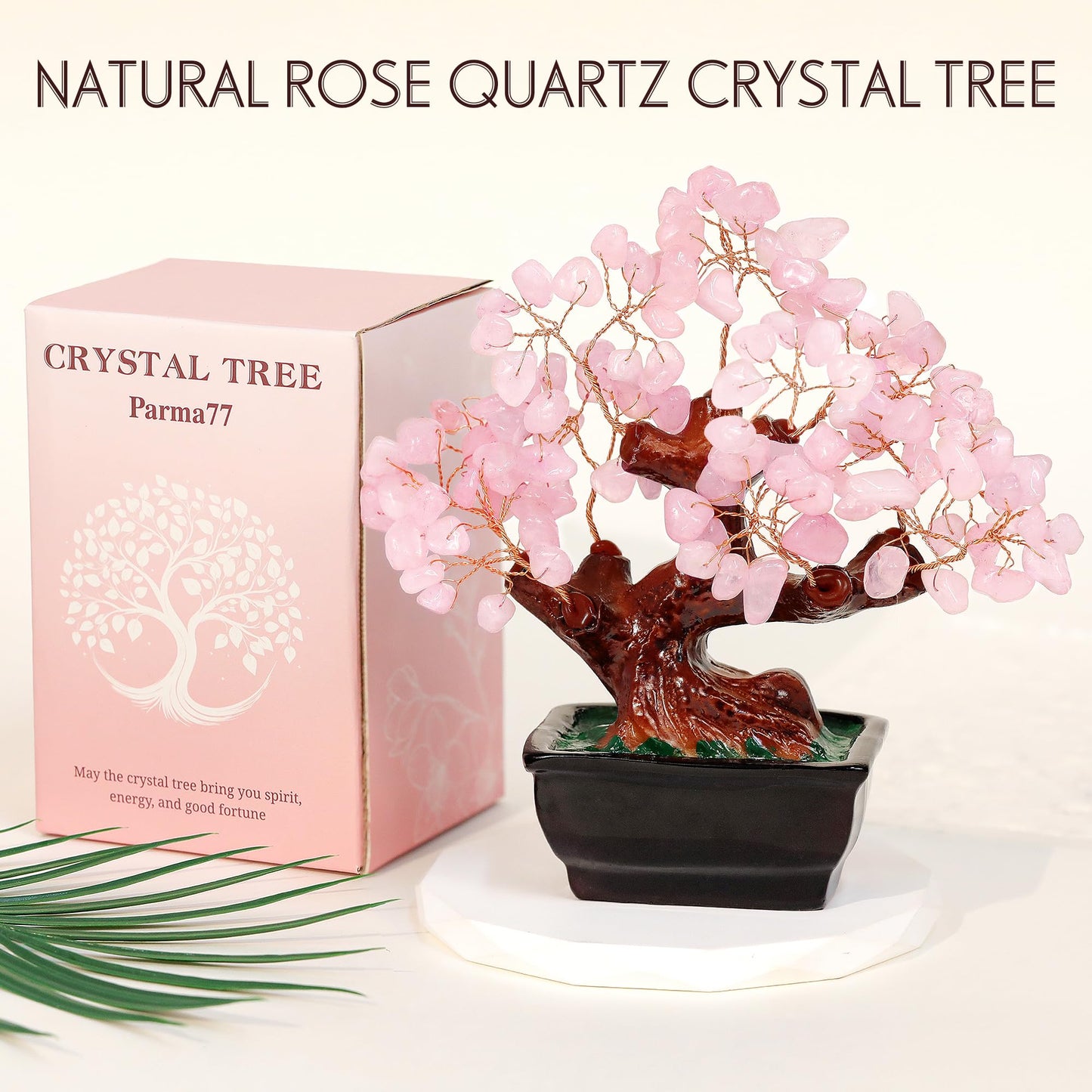 Parma77 Feng Shui Natural Rose Pink Quartz Crystal Money Tree, Healing Crystal Trees Bonsai Style Decoration for Wealth and Luck for Home Decor, Gifts for Women
