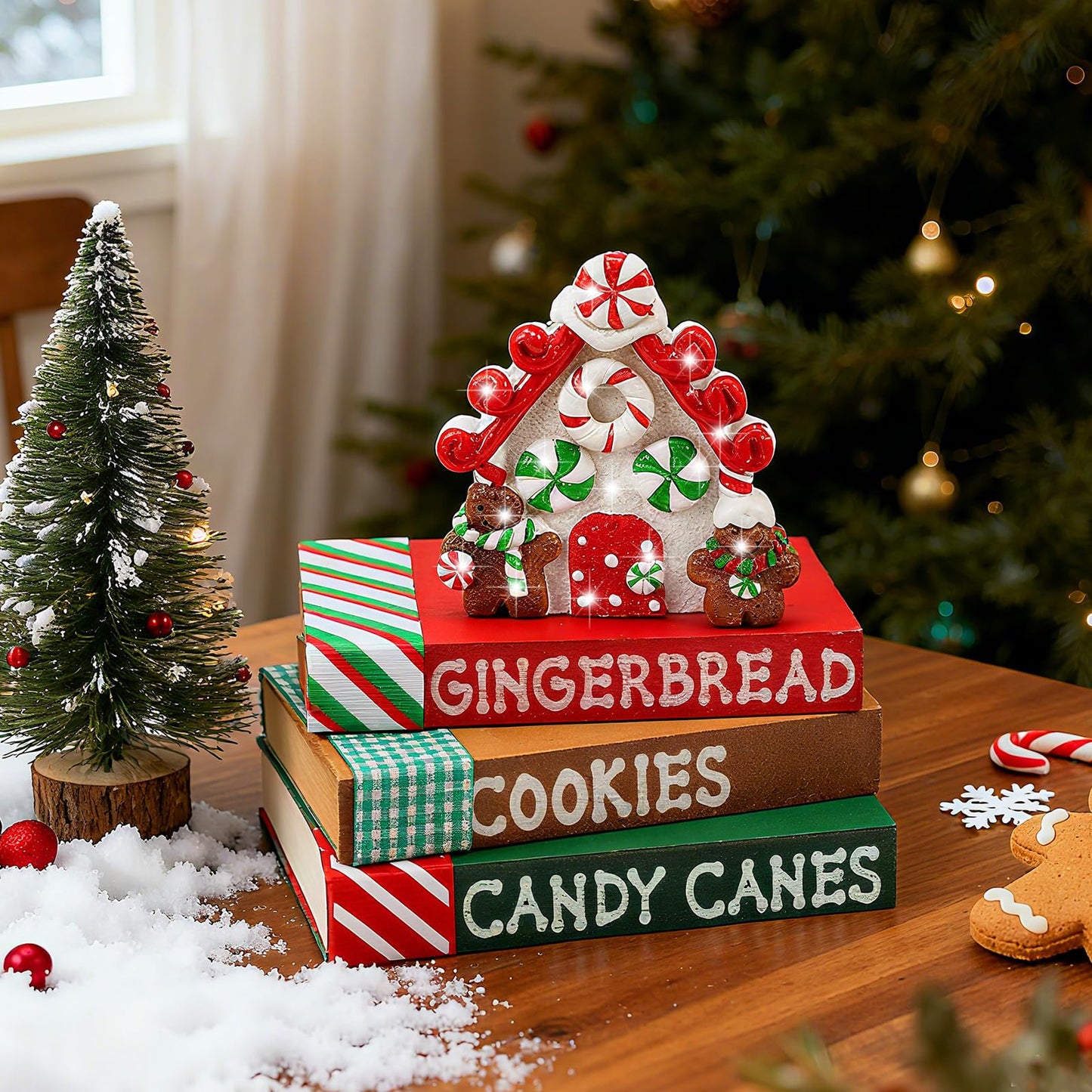 Bucherry Christmas Table Decoration Resin Gingerbread House Tiered Tray Decor Wood Rustic Gingerbread Block Signs Ribbon Book Stacks Christmas Centerpiece Decorative Tray for Farmhouse Home Shelf Gift