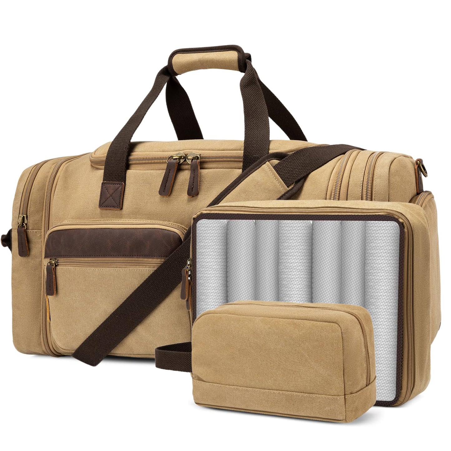 Mens Duffle Bag for Travel 60L Expandable Canvas Weekender Overnight Travel Duffel Bag with Shoe Compartment Carry-On for Airplanes Khaki