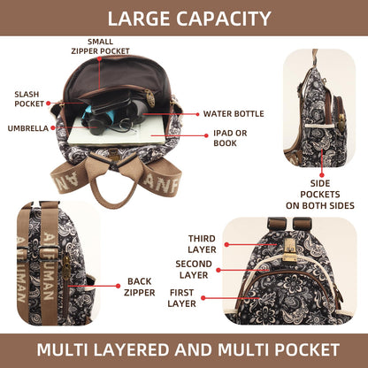 ANFUMAN Small Backpacks Purse for Women Mini Waterproof Colorful Print Leisure Travel Bags (Black Flower)