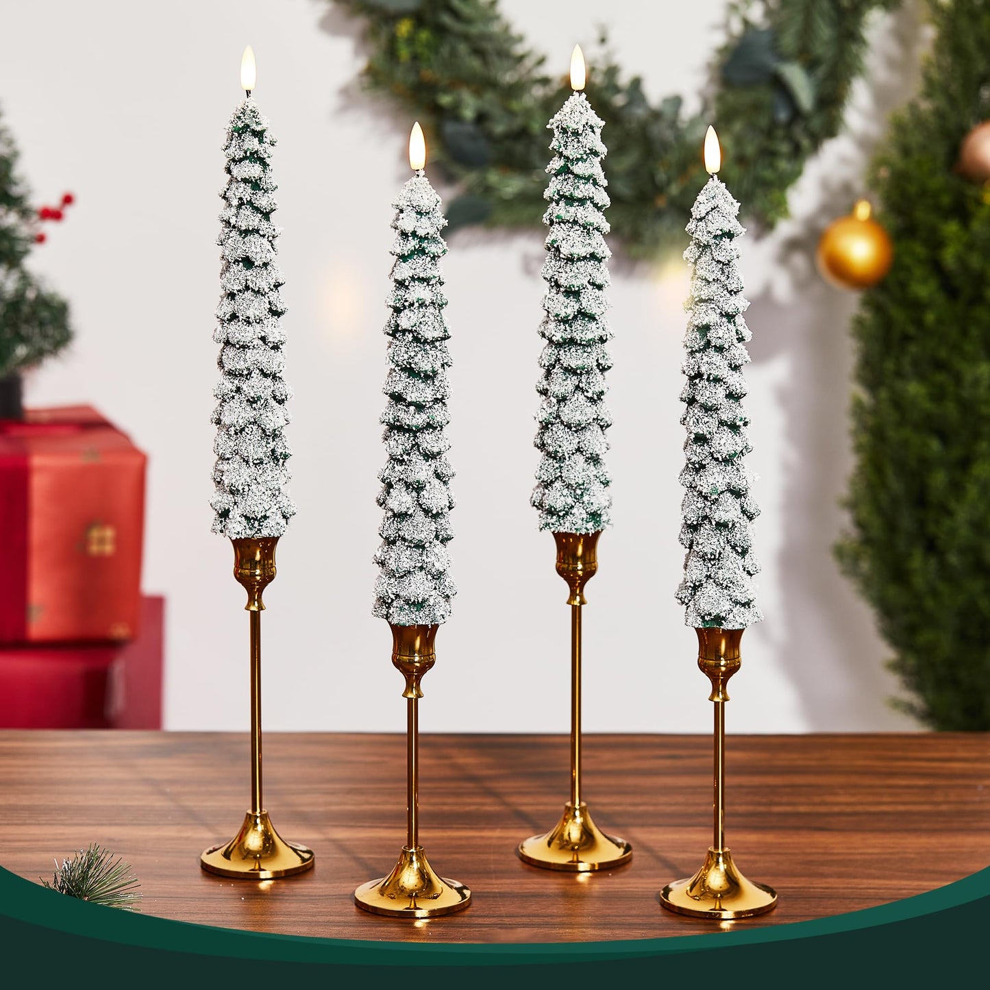 Velsyn 4 Pack Christmas Tree Candles Covered in Snow with Remote, 11 Inch Real Wax flameless Taper Candles, LED Candle Battery Operated with 3D Flickering Flame, Green Candlesticks Christmas Decor