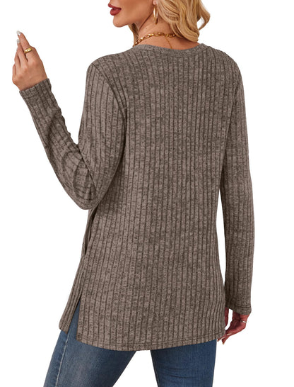 SAMPEEL Womens Sweaters Crewneck Long Sleeve Shirts with Pockets Fall Outfits 2025 Fashion Winter Clothing Side Slit