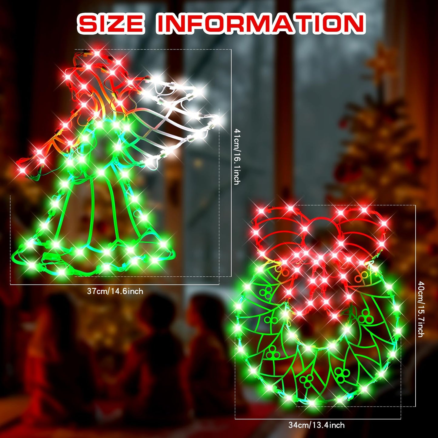 SUPHONOR 16" Christmas Window Silhouette LED Lights Decorations, Pack of 2 Sign Lighted Wreath and Angel Christmas Window Lights for Indoor Wall Door Glass Decor, Window Hanging Lights