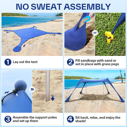 Sportneer Beach Tent, 10x10FT Beach Canopy Sun Shelter UPF50+ with Sandbags, Sand Shovels, Ground Pegs & Stability Poles, Outdoor Beach Shade Canopy for Beach Camping Fishing