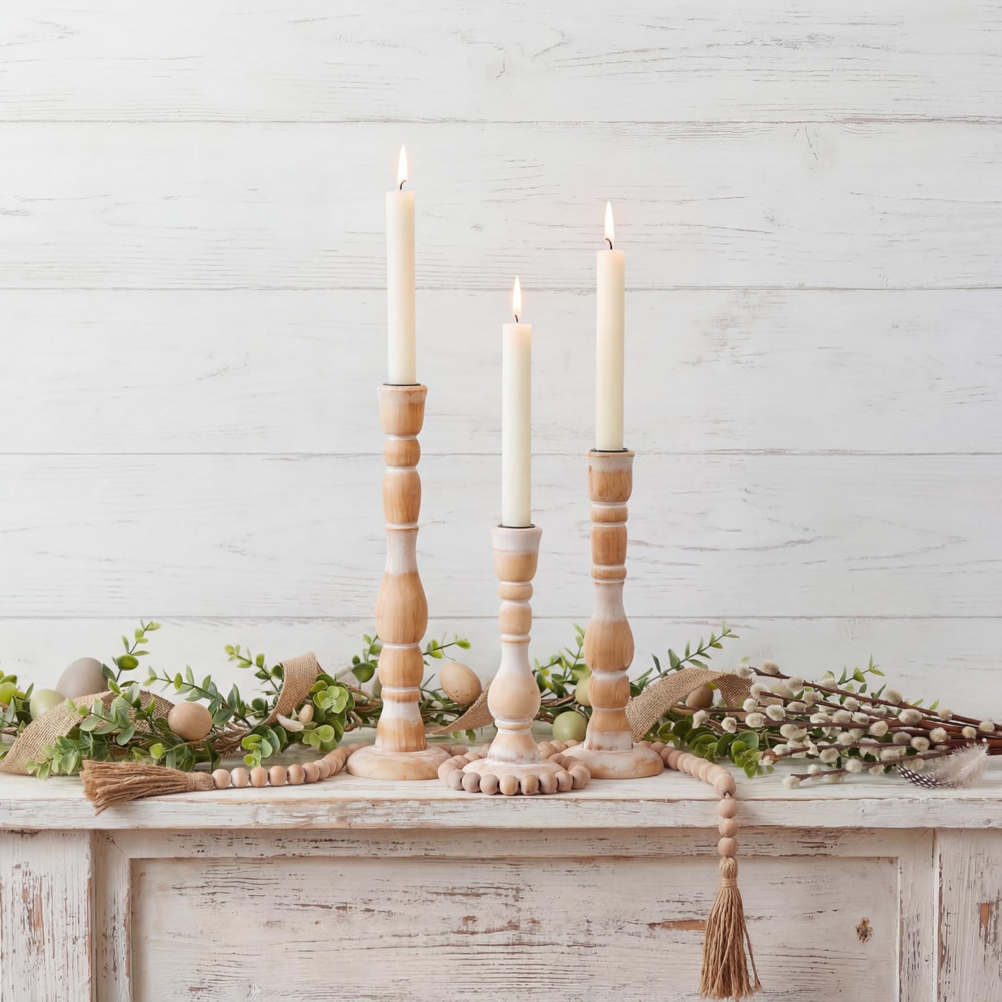 NUPTIO Candlestick Holders Wood for Home: Set of 3 Tall Farmhouse Taper Candle Holders for Christmas Gift Mantel Decor