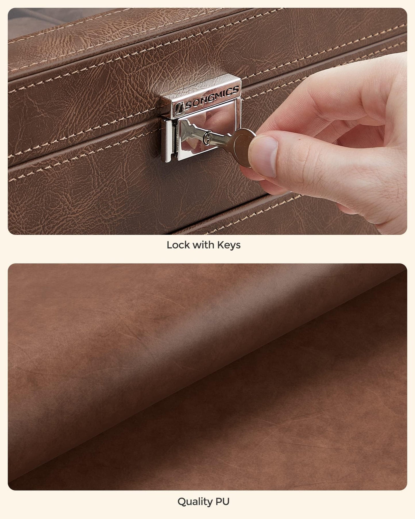 SONGMICS Watch Box, 12-Slot Watch Case Organizer with Large Glass Lid, 2 Layers, Removable Pillows, Metal Lock, Gift for Loved Ones, Brown Synthetic Leather, Brown Lining UJWB012K01