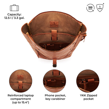 BERLINER BAGS Vintage Genuine Leather Backpack Utrecht M, Laptop Backpack, Travel Backpack for Women and Men - Brown