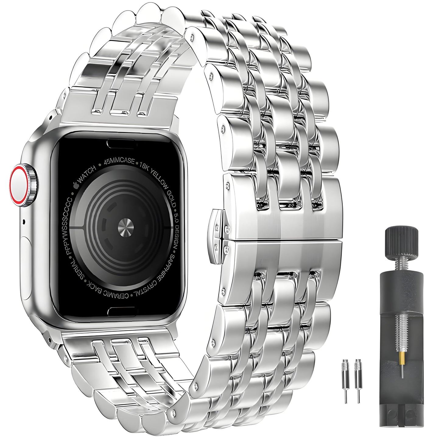 PUGO TOP Luxury Stainless Steel Band Compatible with Apple Watch Ultra 3/2/1 (49mm) & Series 11 10 9 8-1 SE 3/2/1 (46/45/44/42/41/40/38mm), Professional Business Dressy Metal Strap with Butterfly Clasp for Men Women, Adjustable Link Two-Tone Bracelet with
