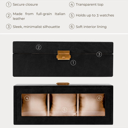 Time Resistance Leather Watch Box – 3-Slot Luxury Organizer for Men & Women – Italian Leather Watch Display Case (Black)