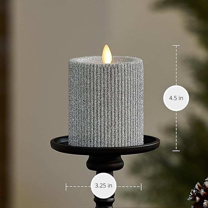 Luminara Brilliant Silver Glitter Ribbed Flameless LED Candle Moving Flame Pillar, Real Wax, Flat Top, Timer (3.25" x 4.5")