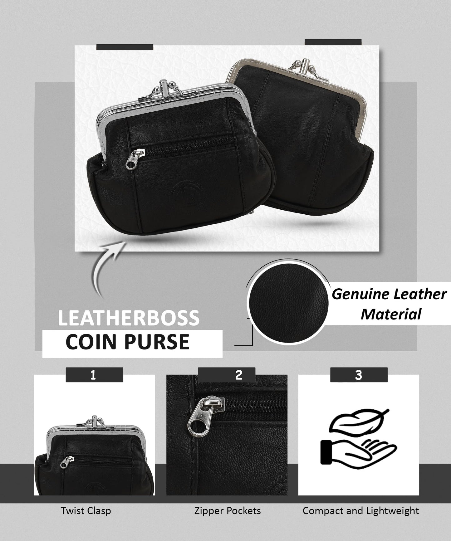 Leatherboss Genuine Leather Large Coin Purse Double Frame Wallet With Zipper Pocket, Black