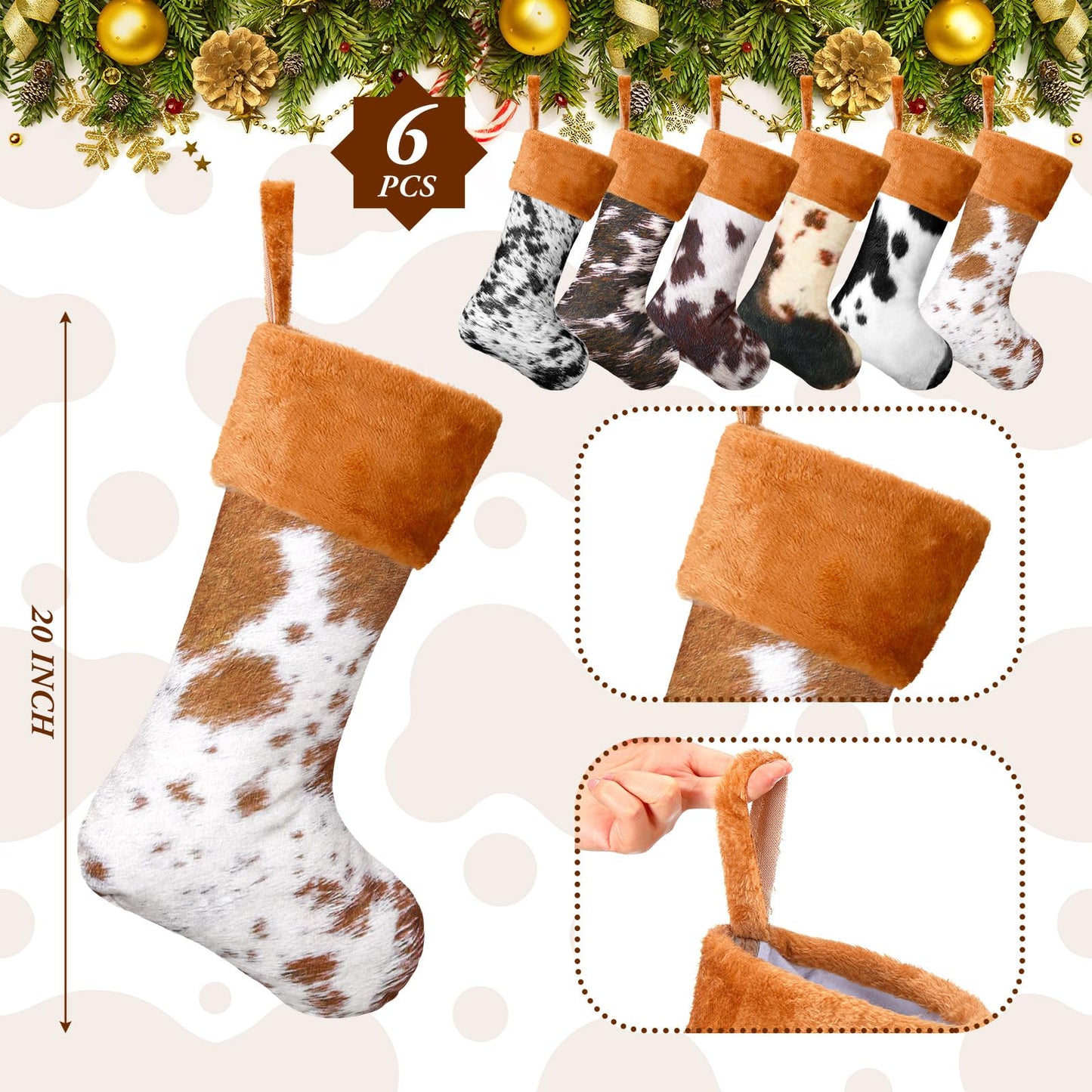 Glimin 6 Pack Cow Print Christmas Stockings 20 Inch Large Plush Xmas Animal Cuff Stockings Hanging Ornaments Socks for Western Fireplace Mantel Stairway Decorations(Brown Cuff)