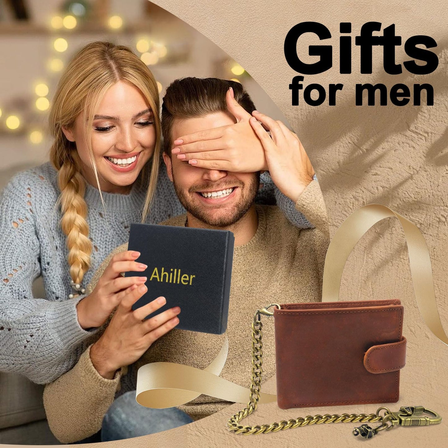 Ahiller Chain Wallet for Men Crazy Horse Bifold Leather Wallet with Chain, Anti-Theft Mens Wallets with Gift Box,Zippered Bill Compartment,ID Window, Card Slots-Coffee