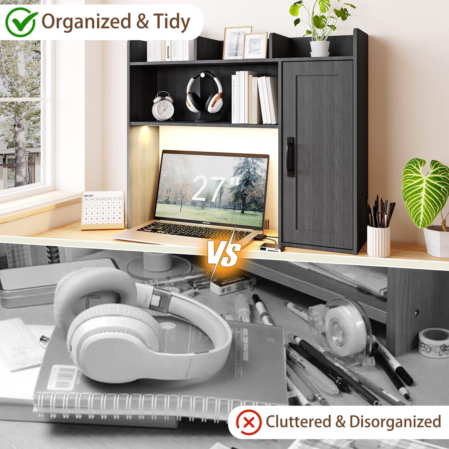 Homiflex Desktop Bookshelf, Wooden Desk Hutch with LED Lights, Desktop Shelf with 6 Shelves and Power Outlets, Office Desk Organizer, Over Desk Storage Shelves for Dorm, Home, Grey