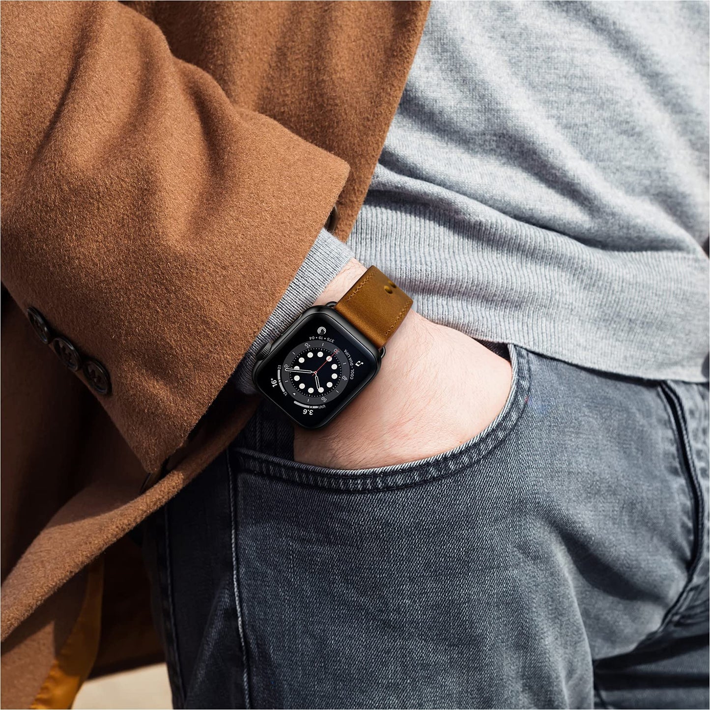 OUHENG Leather Bands Compatible with Apple Watch Band 42mm/41mm/40mm/38mm, Genuine Leather Replacement Strap for iWatch SE3 SE2 SE Series 11 10 9 8 7 6 5 4 3 2 1 (Retro Brown/Black)
