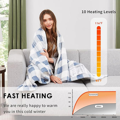 Homemate Electric Blanket Heated Throw - 50“x60“ Ultra Soft Cozy Flannel Heating Blanket with 10 Fast Heat Levels 8 Hours Auto Off Over-Heated Protection ETL Certification Keep Warm in Home Office