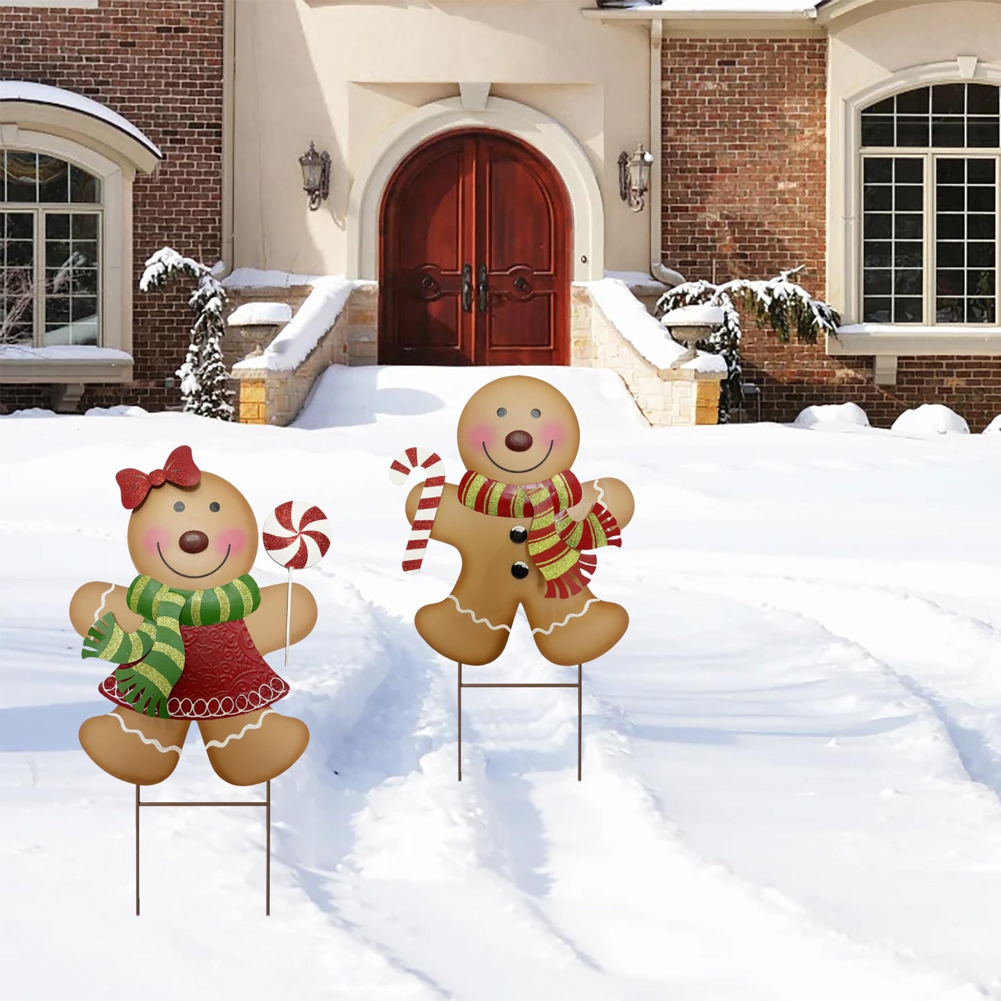 ABELOTS Outdoor Christmas Decorations,27" H Large Gingerbread Boy and Girl Metal Yard Stakes,Set of 2, Rustic Winter Signs for Lawn Garden,Patio, Pathway & Front Yard,Farmhouse Porch Outside