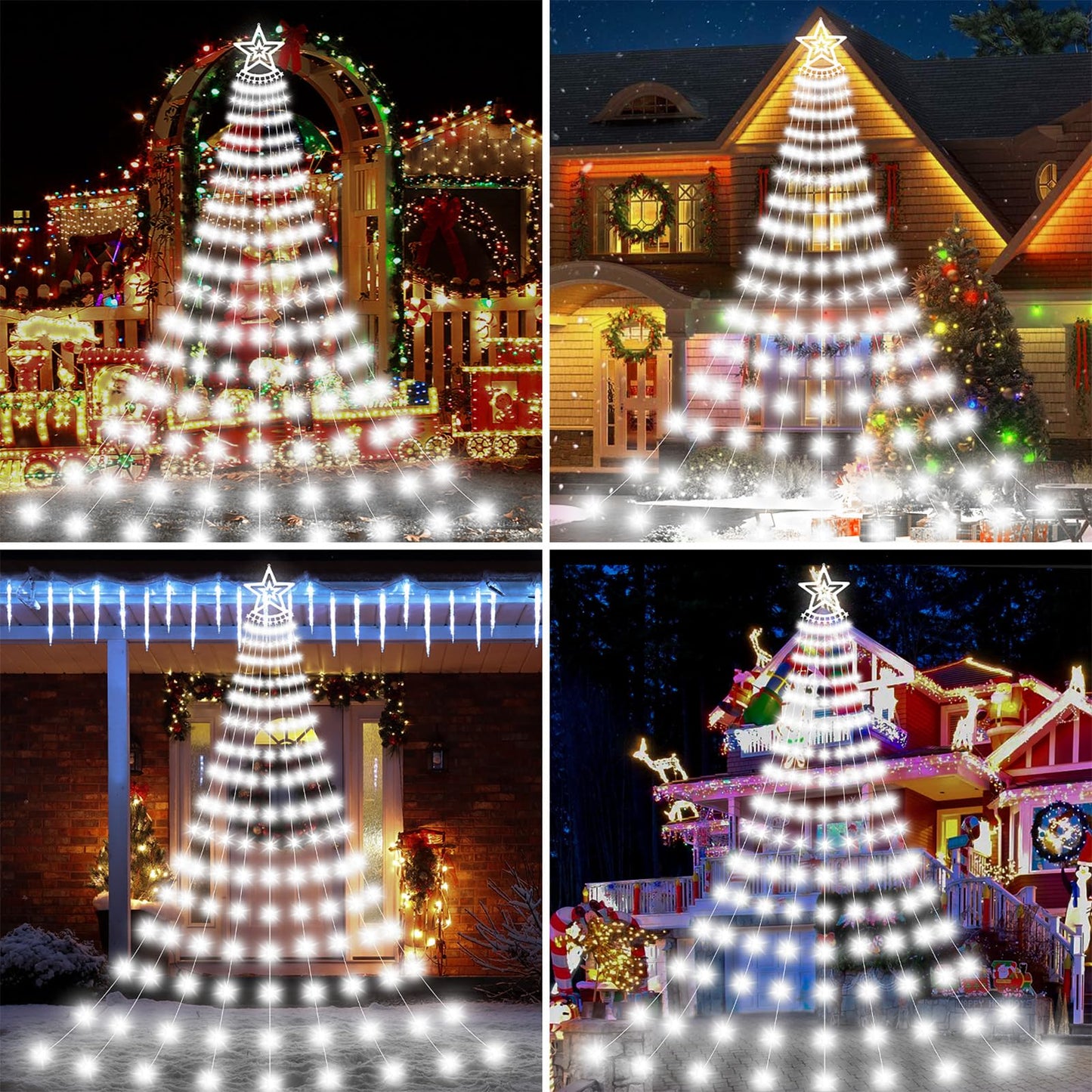 Christmas Solar Decorations Star Lights Outdoor, 11.48ft 350LED Waterfall Tree Lights with 8 Modes Timer Remote String Lights USB Powered for Garden Yard Patio Home Holiday Party Decor, Pure White