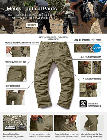 CQR Men's Tactical Pants, Water Resistant Ripstop Cargo Pants, Lightweight EDC Work Hiking Pants, Outdoor Apparel, Raider Mag Pocket Soil Green, 36W x 32L