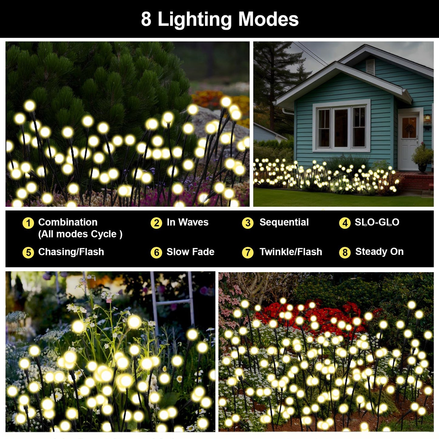 Petriveil Solar Firefly Lights Warm White, 8 Modes 800mAh Swaying Firefly Yard Lights Solar Powered Outdoor Waterproof for Outside Yard Patio Lawn Pathway Walkway Stake Christmas Garden Decor (4 Pack)