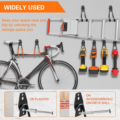 HUPBIPY Heavy Duty Garage Hooks 4 Pack, 7.7 inch U Shaped Long Hanger, with 2 Extension Cord Holder Organizer, Wall Mounted Storage System, for Power and Garden Tool Hanging， Ladders, Bikes, Hose