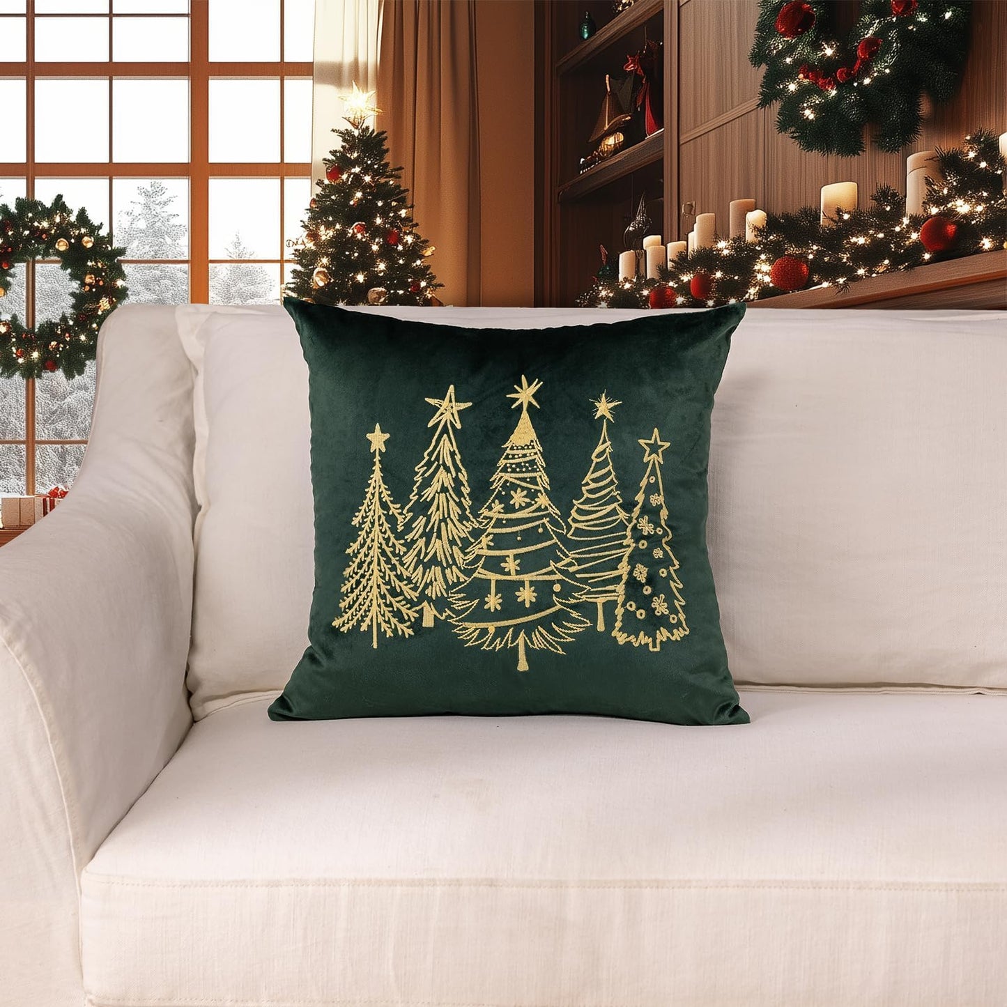 GEEORY Green Velvet Embroidered Christmas Tree Pillow Covers 18x18 Inch Set of 2, Xmas Decorations Farmhouse Winter Holiday Decor Cushion Case for Sofa & Bed GX006-18