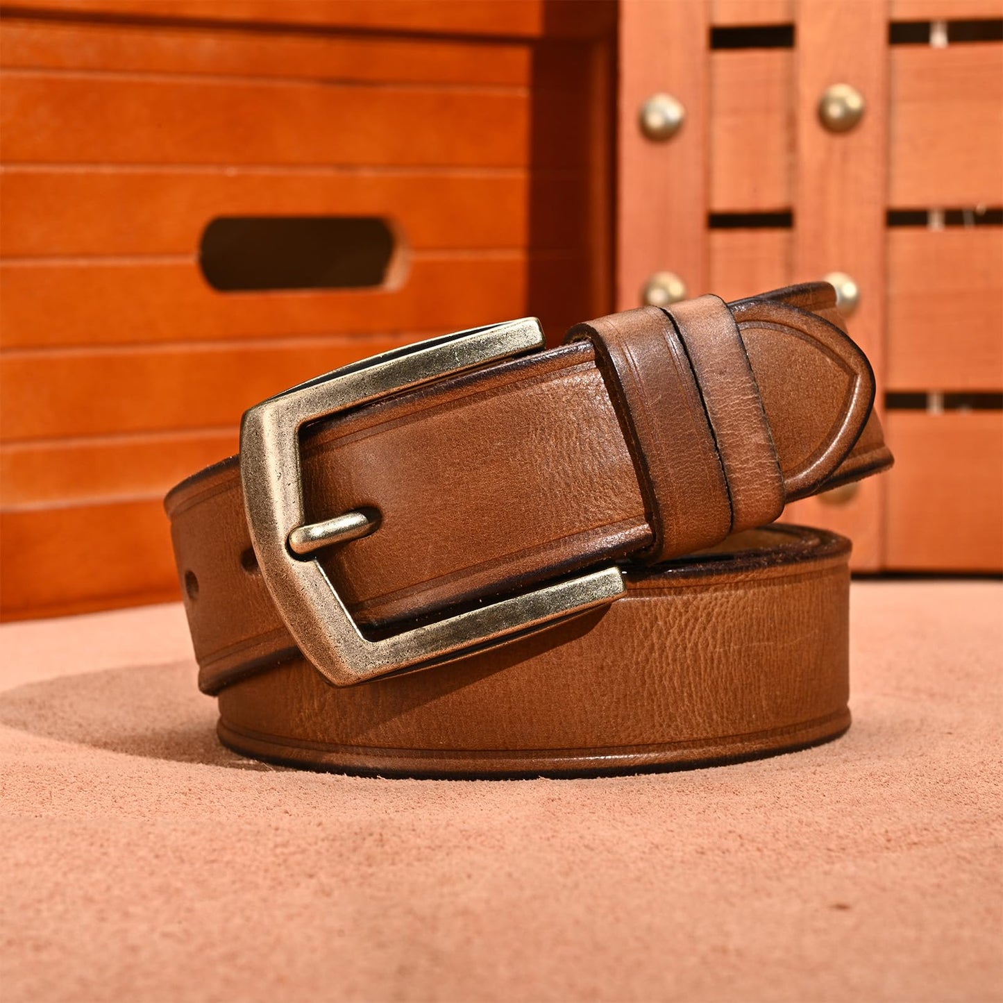 Rollslatte Full Grain Italian Genuine Leather Belt for Men, Retro Brass Buckle Cowboy Western Belt Casual Dress Jeans, Gift for Husband, Father, Boyfriend Size 38