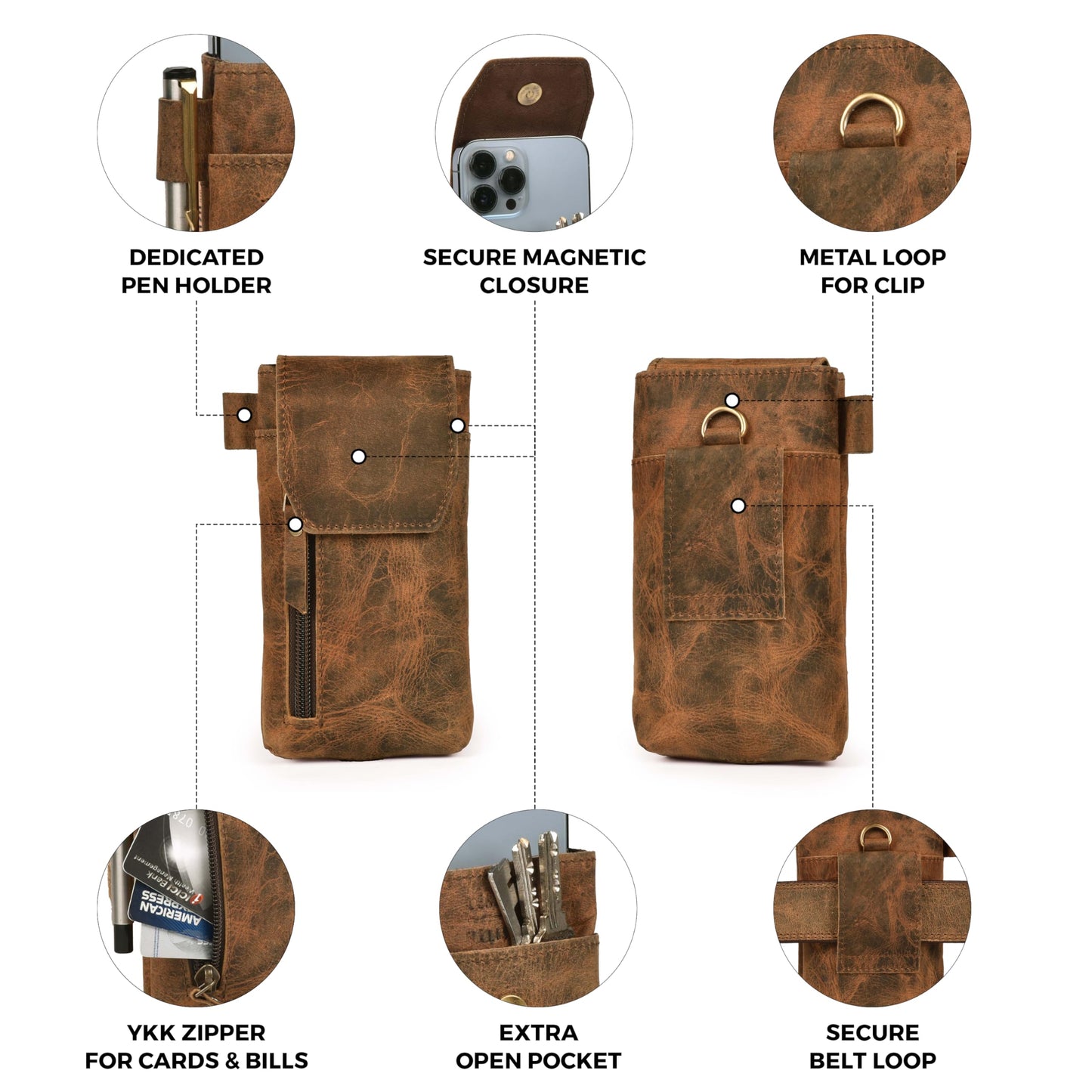 Leather Village Genuine Leather 7”x3.5” Phone Holster Pouch with Belt Clip, Magnetic Closure, ID Card Holder - Brown Universal Case for iPhone, Samsung Galaxy, Google Pixel