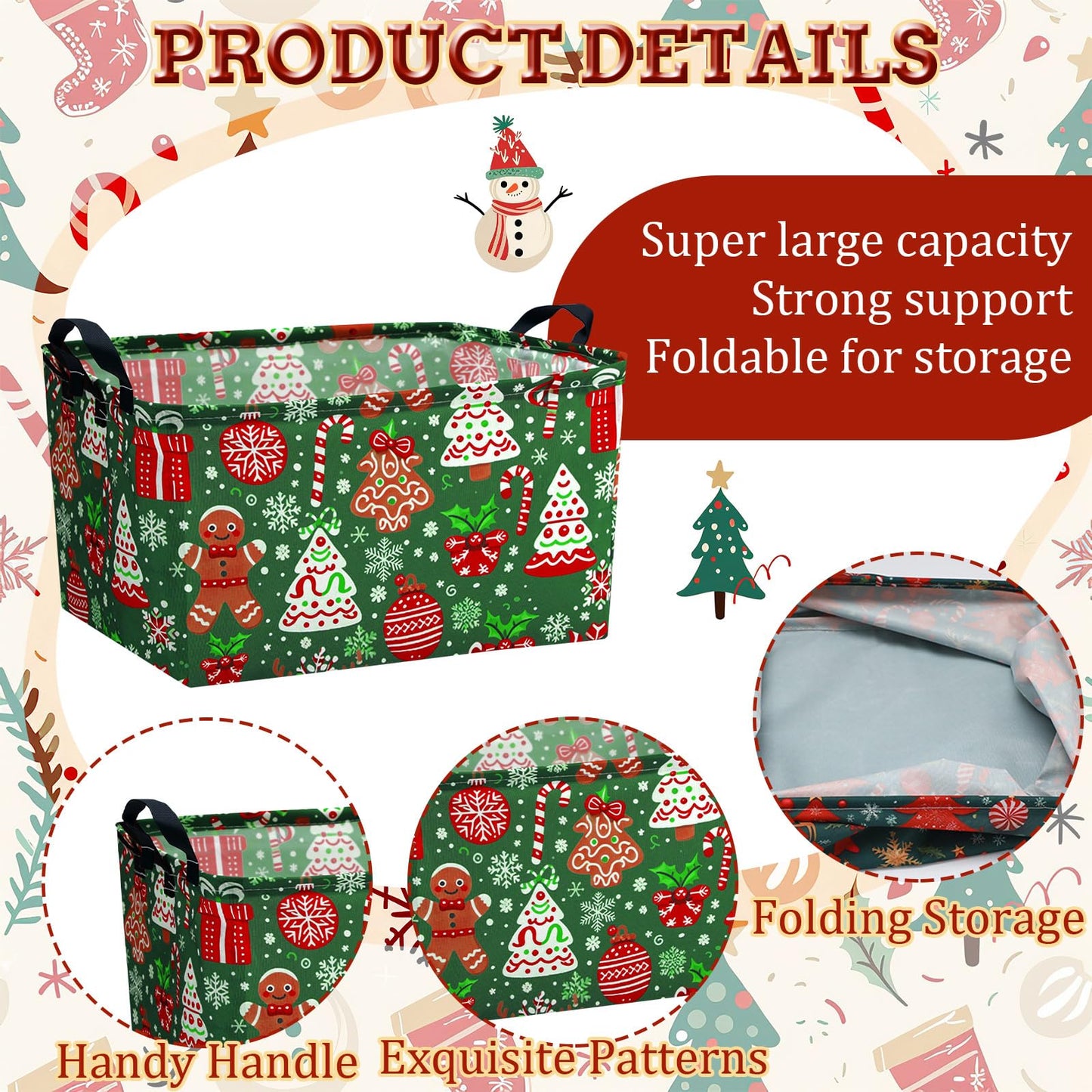 Bulyoou 4pcs Christmas Storage Basket Fabric Laundry Baskets with Handle Xmas Foldable Organizer Boxes for Office Home Baby Cloth Toy Book 15 x 10 x 8(Retro)