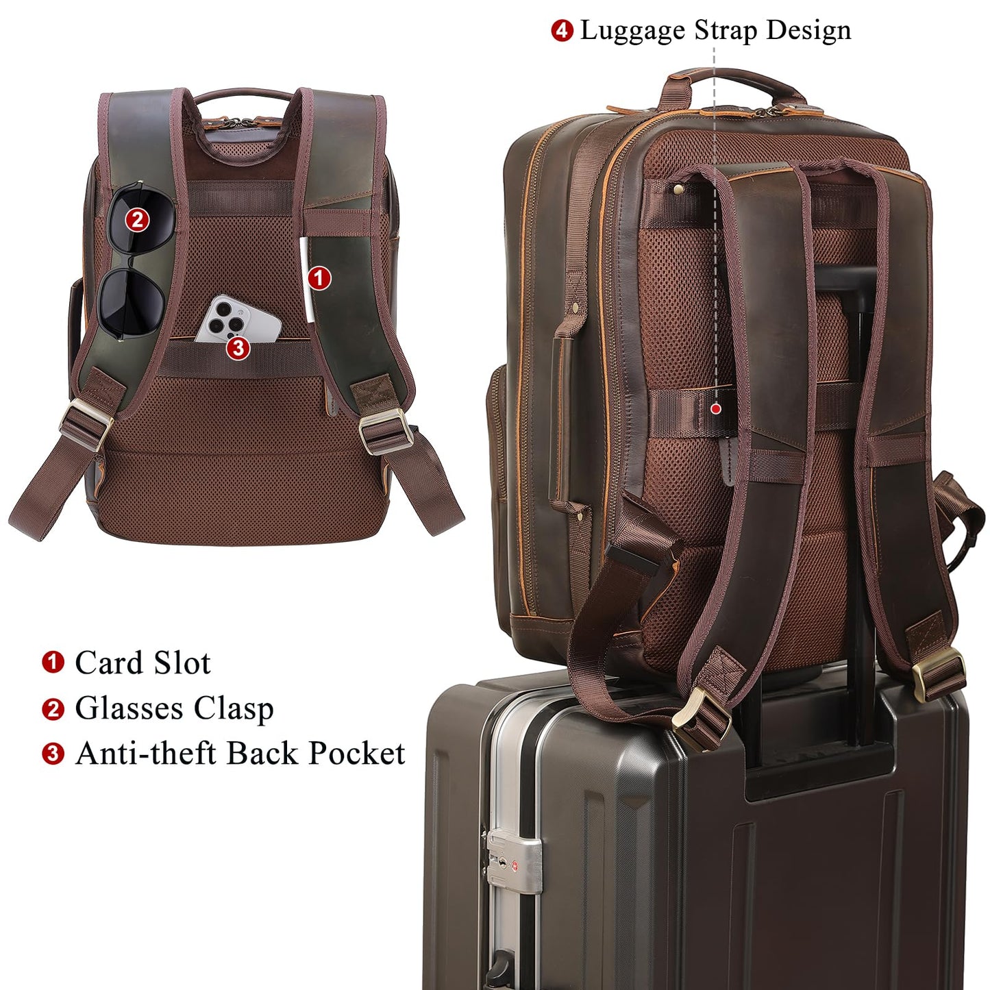 TIDING 17.3" Full Grain Leather Laptop Backpack for Men Multi Pockets Casual Daypack Business Travel Rucksack