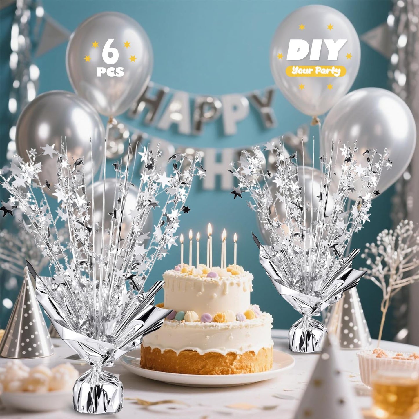 6 Pack Metallic Foil Spray Centerpiece Star Table Decoration Burst Table Centerpieces for Birthday Weddings Anniversaries Christmas New Year Holiday Party Supplies Decor (Silver)
