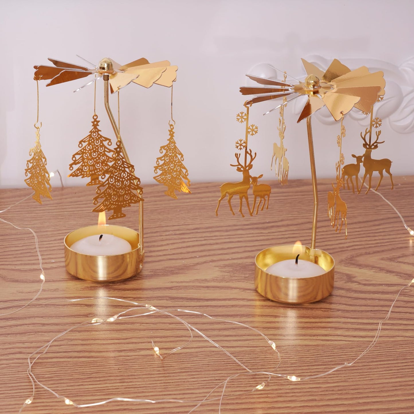 2Pcs Rotary Candle Holder Spinning Tea Light Candle Holder Gold Christmas Tree & Reindeer Style Metal Rotating Candlestick