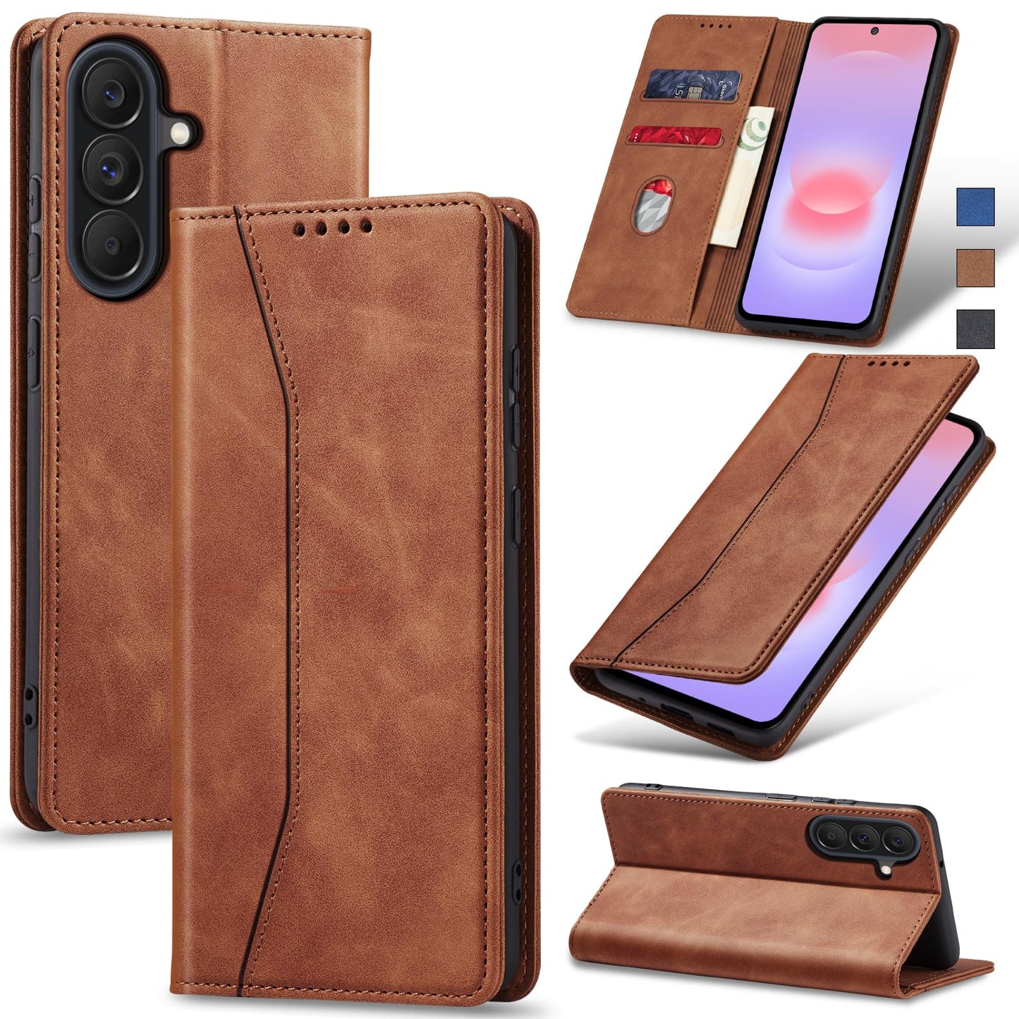 Jasonyu Flip Wallet Case for Samsung Galaxy A37 5G,Leather Magnetic Folio Cover with Card Holder,Kickstand - TPU Shockproof Durable Protective Phone Case,Brown