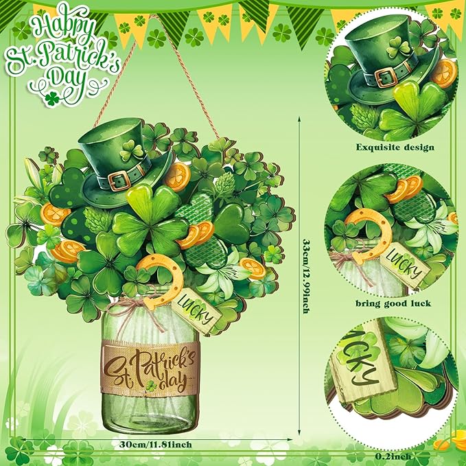 Boao St. Patrick's Day Welcome Sign Wooden Hanging Decor Farmhouse Rustic Door Decoration St. Patrick's Day Wreath Sign with Bow Ornament for Holiday Irish Home Indoor Outdoor Farmhouse Window