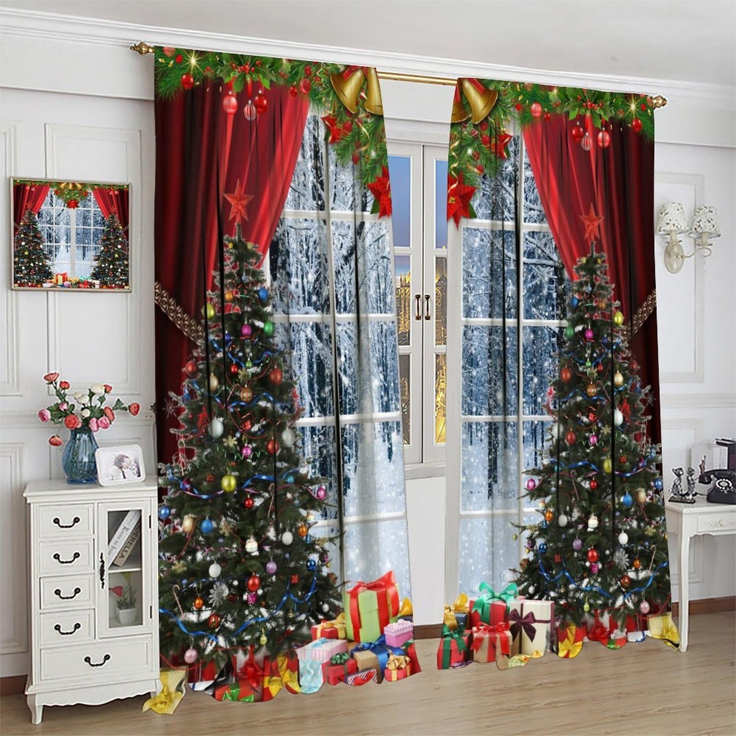 ICMOLYYENLO Merry Christmas Curtains, Merry Christmas Glitter Snowflake Window Decorations, Suitable for Living Room Bedroom Kitchen Holiday Party, Red New Year Curtains 42x44 Inches