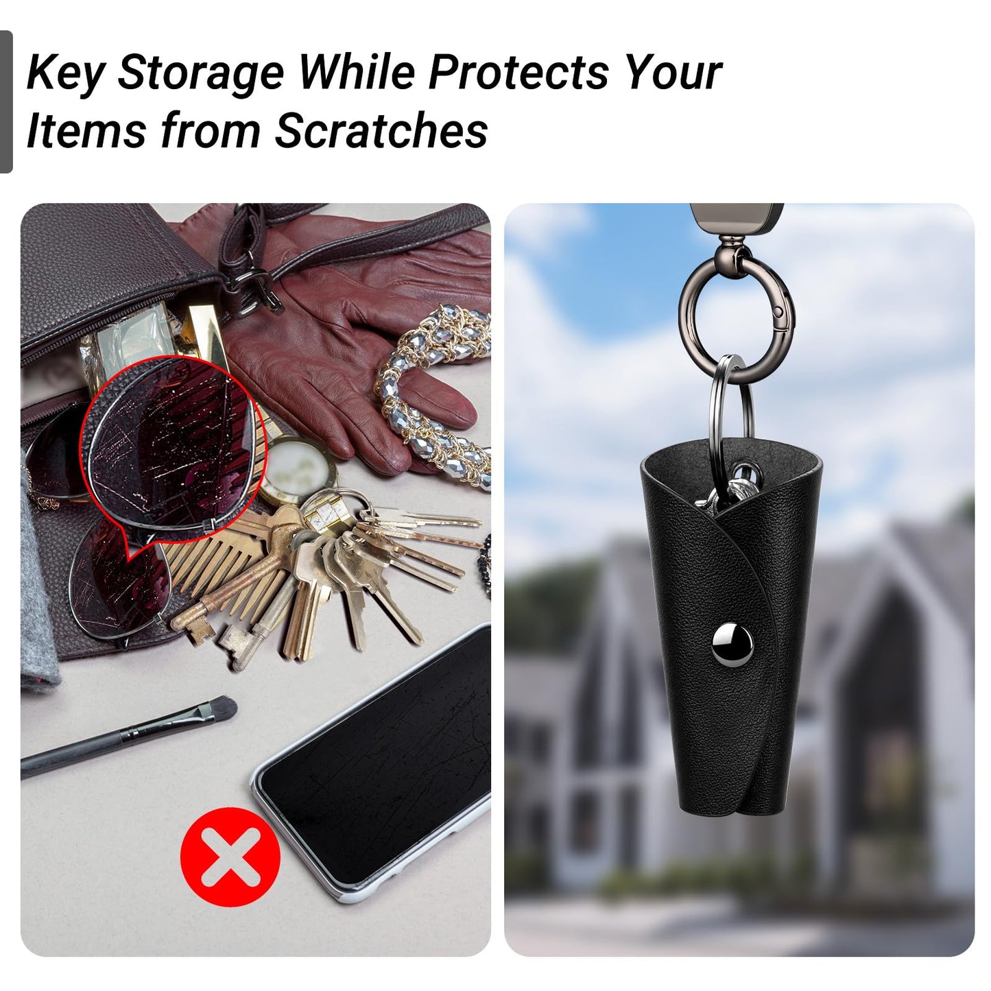 T-carbon Top Grain Leather Key Wrap for House Keys, Compact Key Holder Case Fits 2-5 Keys, Silent Rattle-Free Design,Portable Keychain