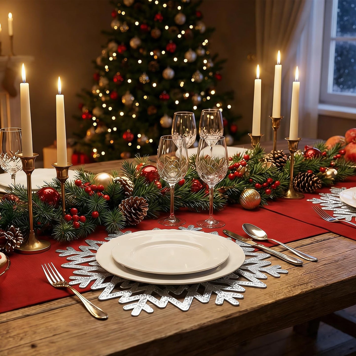 Snowflake Placemats Set of 6, Christmas Placemats Decorations Hollow Out Design Snowflake Table Mats Place Mats for Dining Table Setting Kitchen Table Mats Christmas Decoration(Silver Snowflake)