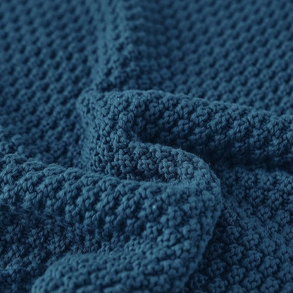Longhui bedding Blue Knitted Throw Blanket for Couch - Soft, Cozy Machine Washable 100% Cotton Sofa Knit Blankets, Heavy 3.0lb Weight, 50 x 60 Inches, Laundry Bag Included