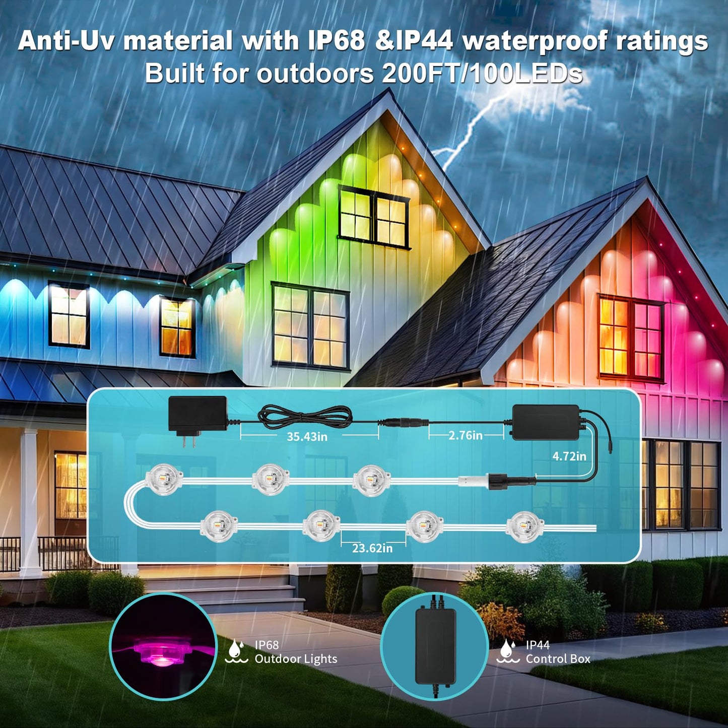 MILADALED Permanent Outdoor Lights RGB Smart IC 200FT/100LEDs Decor IP68 Waterproof Music Sync with Remote&APP Control Suitable for Holiday Decoration Christmas Lights Garden Party Decor Deck