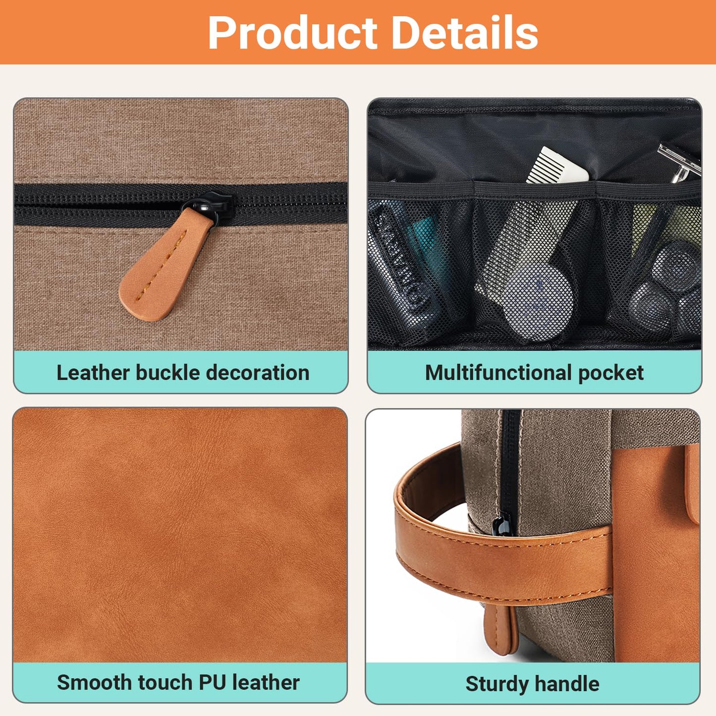 Elviros Travel Toiletry Bag for Men, Hanging Toiletries Bag Water Repellent Dopp Kit PU Leather Travel Bag for Toiletries Accessories, Khaki