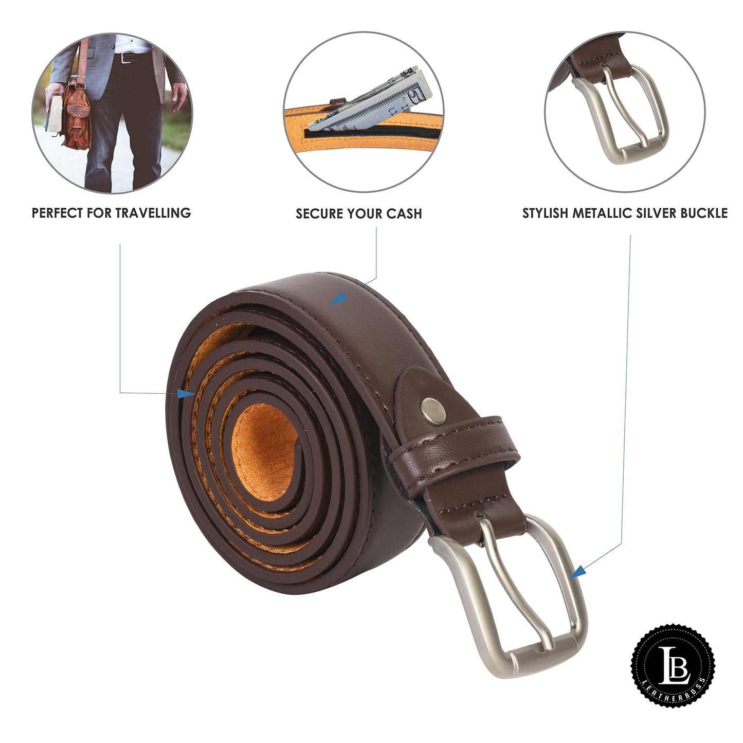 Men's Brown Leather Money Belt Sizes 32 Through 56 (34)