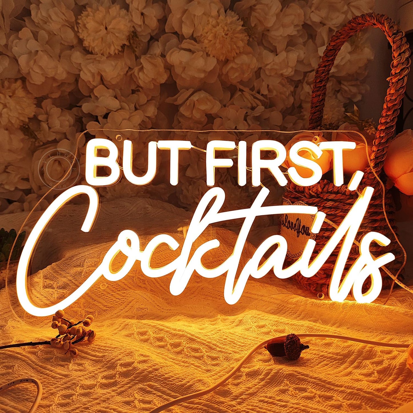 SYLHOME But First Cocktails Led Neon Light Sign Home Bar Shop Bedroom Man Cave Wall Sign Decor Wedding Birthday Party Light Up Sign Celebrate Backdrop USB 15.75"X7.9"