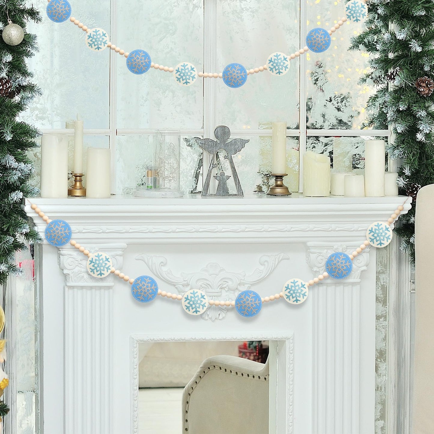 RGISHOP Felt Snowflake & Wood Bead Garland - 6.5FT Christmas Decorations for Home Fireplace Wall Hanging